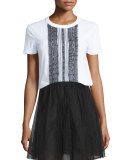 Ruffled Lace-Front Short-Sleeve Top, White