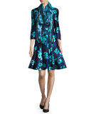 Floral 3/4-Sleeve Split-Neck Dress, Navy