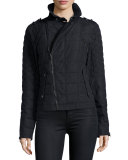 Asymmetric Quilted Moto Jacket, Black