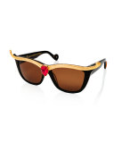 Empress Embellished Square Sunglasses w/ Crystal Center, Black/Ruby