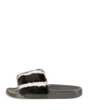 Mink-Fur Flat Slide Sandal, Black/White