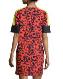 Short-Sleeve Printed Shift Dress, Tangerine/Navy