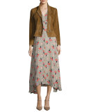 Short-Sleeve Printed Silk Midi Dress, Pumice