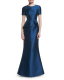 Short-Sleeve Peplum Trumpet Gown, Deep Sea 