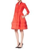 Sequined 3/4-Sleeve Belted Shirtdress, Poppy