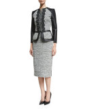 High-Waist Tweed/Leather Pencil Skirt, Black/Ivory