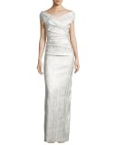 Off-the-Shoulder Ruched Jacquard Column Gown, Champagne