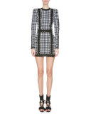 Long-Sleeve Harlequin-Print Mini Dress, Black/White