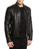 Leather Quilted-Panel Moto Jacket