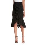 Marcello Ruffle-Front Lace Midi Skirt, Black