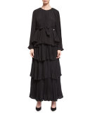 Tiered Plisse Maxi Skirt, Black