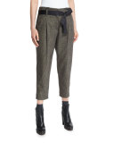 Pleated-Front Belted Cropped Pants, Bark