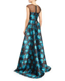 Barbara Cap-Sleeve Embroidered Jacquard Gown, Blue Topaz