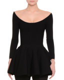 Long-Sleeve Flounce-Hem Top, Black