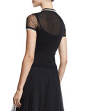 Sheer-Sleeve Knit Polo Shirt
