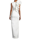 Sleeveless Ruffle-Trim Crepe Column Gown