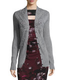 Long Crochet-Trim Wool Cardigan, Chrome