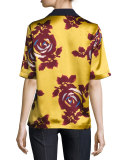 Dani Floral-Print Silk Shirt, Chartreuse/Multicolor