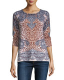 Superfine Half-Sleeve Bohemian Cashmere Tunic, Azure Multi