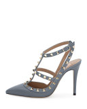 Rockstud 100mm Strappy Pebbled Leather Pump, Light Stone