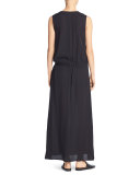 Silk Belted Drop-Waist Maxi Dress, Black