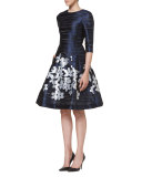 Floral-Skirt 3/4-Sleeve Cocktail Dress, Ink Blue