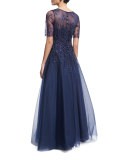 Beaded Lace & Tulle Gown, Navy