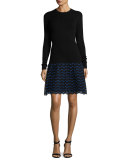 Wave-Lace Long-Sleeve Dress, Lapis/Black