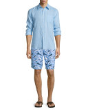 Okoa Shark-Print Swim Trunks, Blue