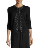 3/4-Sleeve Embellished Silk/Cashmere Cardigan, Black