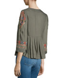 Embroidered & Embellished Pleated Top, Green