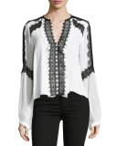 Long-Sleeve Silk Lace-Trim Blouse, White/Black