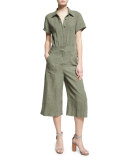Short-Sleeve Button-Front Culotte Jumpsuit, Green