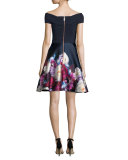Nersi Blushing Bouquet Floral-Print Off-the-Shoulder Bardot Dress, Navy