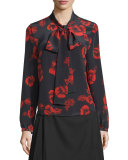 Floral Silk Satin Tie-Neck Blouse, Black/Red