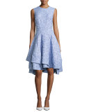 Sleeveless Seersucker Flared Dress, Blue
