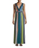 Metallic Vertical-Striped Maxi Dress