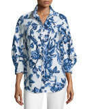 Floral-Print Day Blouse, Blue/Ivory