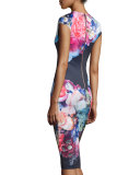 Brynee Cap-Sleeve Floral-Print Sheath Dress, Dark Blue