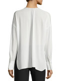Keyhole-Front Long-Sleeve Silk Blouse