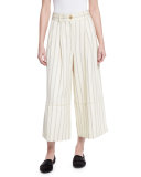 Striped Twill Wide-Leg Cropped Pants, Bone/Marine