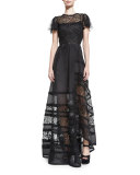 Lace-Inset Short-Sleeve Ball Gown, Black