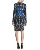 Star-Print Long-Sleeve V-Neck Dress, Blue/Multi