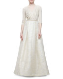 3/4-Sleeve Combo Ball Gown
