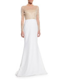 Grid-Beaded Mermaid Gown, Nude/White