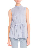 Pinstriped Ruffled Sleeveless Top, Powder Blue