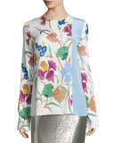 Floral-Print Side-Slit Crepe Blouse, Multi