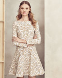 Long-Sleeve Ornamental Fit-&-Flare Dress, Tan/Ivory