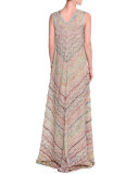 Sleeveless Tiered-Ruffle A-Line Gown, Beige/Multi