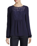 Franca Long-Sleeve Beaded Silk Blouse, Deep Amethyst